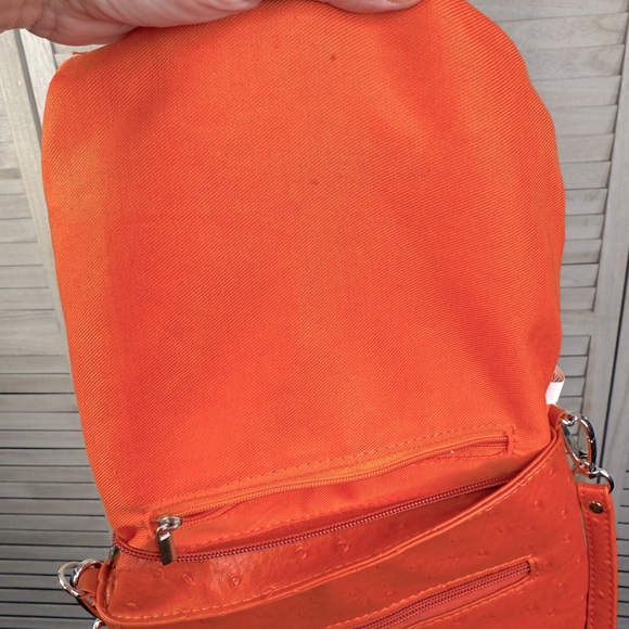 Faux Ostrich Leather Crossbody Purse Orange with Tan Flower - Picture 6 of 8